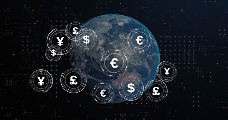 Image of globe with currency symbols over spots on black background