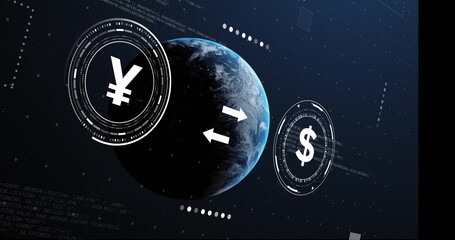 Image of globe with currency symbols and data processing on black background