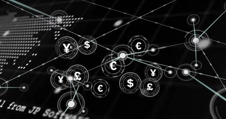 Image of connections with symbols and data processing over world map on black background