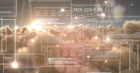 Image of digital data processing and networks over clouds