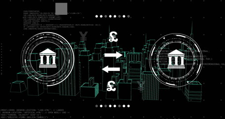 Image of currency symbols with data processing over digital city on black background