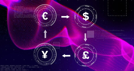 Image of currency symbols with data processing over purple shapes on black background