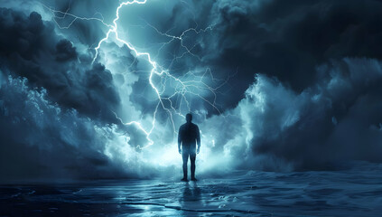 A lone figure stands amidst an electrifying storm with powerful lightning illuminating dark clouds over a reflective water surface.