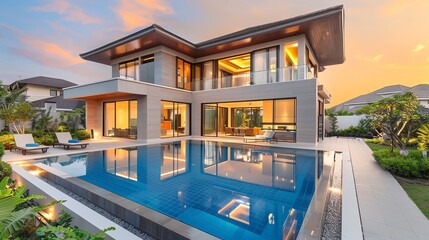 Fototapeta premium Luxurious Modern Villa with Swimming Pool at Sunset.