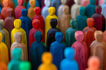 Obraz premium A vibrant group of colorful wooden figurines standing together, representing diversity and unity. Ideal for concepts of community and inclusiveness.