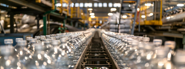 Fototapeta premium Automated assembly line in a modern factory producing plastic bottles, showcasing industrial manufacturing and production efficiency.