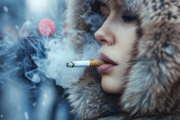 Obraz premium Close-up of a person smoking a cigarette in winter, wearing a fur-lined hooded coat on a cold day, exhaling smoke against a blurred background.