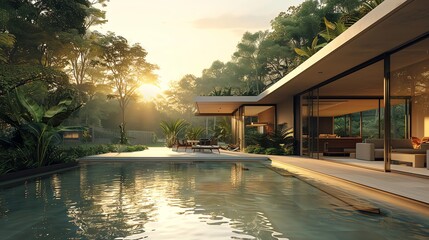 Obraz premium Modern House with Pool and Garden in Sunlight.