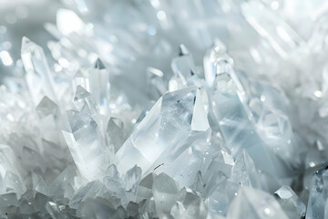 Close-up of beautiful clear quartz crystal formations, showcasing sparkling clarity and intricate details in a natural mineral setting.