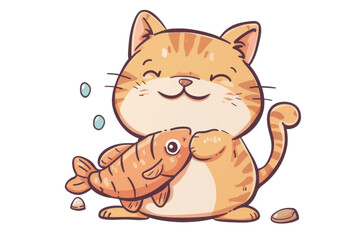 Cute cartoon cat happily holding a fish. Adorable illustration perfect for kids' designs, stickers, and posters. Isolated on transparent background.