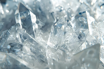Close-up of clear quartz crystals, showcasing their intricate patterns and natural beauty. Perfect for backgrounds, textures, and nature-themed designs.