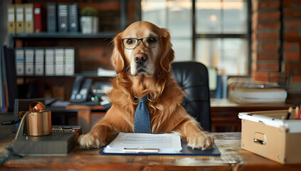 Golden Retriever sitting at a desk with glasses and tie, resembling a business professional in an office setting.