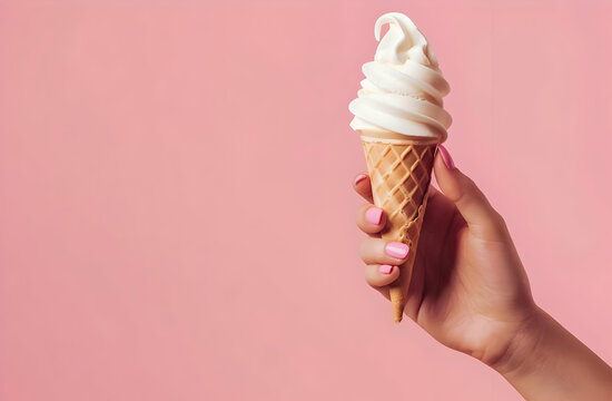 Hand holding a delicious vanilla soft serve ice cream cone against a pink background, perfect for summer and dessert themes.