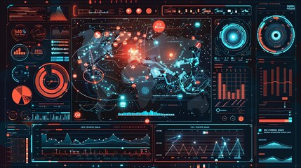 Futuristic User Interface with World Map and Data Visualization.