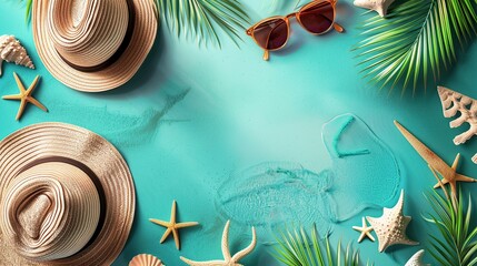 Blue background, sun hat, starfish, sun mirror, shell, palm leaf