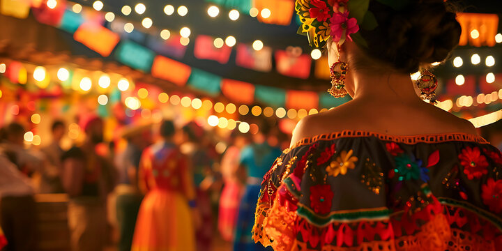 Mujer latina de espaldas con vestido bordado, de fondo fiesta mexicana