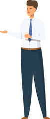 Businessman holding coffee cup and gesturing presenting something business character full length illustration