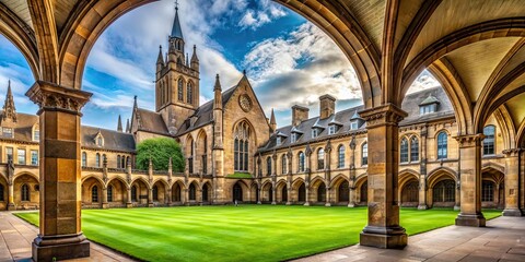 Panoramic view of Glasgow University Cloisters, showcasing gothic architecture and peaceful atmosphere, Glasgow