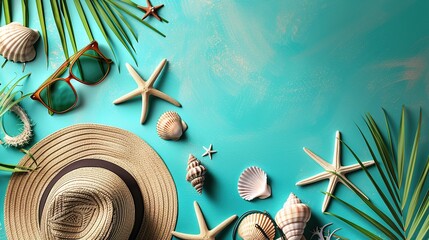 Blue background, sun hat, starfish, sun mirror, shell, palm leaf