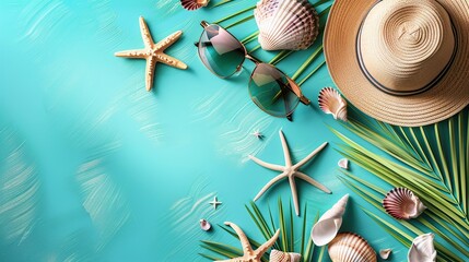 Blue background, sun hat, starfish, sun mirror, shell, palm leaf