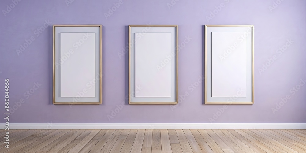 Wall mural Modern minimalist gallery wall with three large blank frames on a light lavender background, evenly lit, rendering