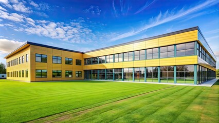 Obraz premium Modern yellow school building with glass windows and a green grass lawn under a clear blue sky , school, building, modern, yellow