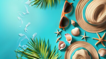 Blue background, sun hat, starfish, sun mirror, shell, palm leaf