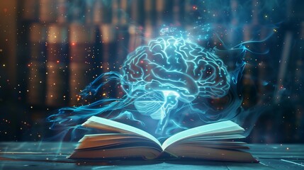 Obraz premium opened book and brain hologram