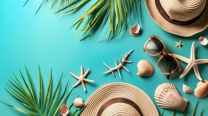 Blue background, sun hat, starfish, sun mirror, shell, palm leaf