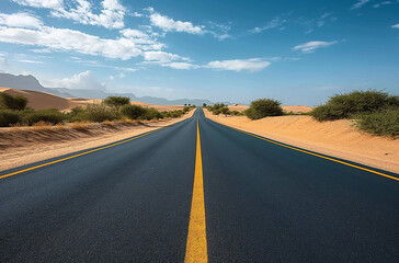 Fototapeta premium A wide road leading to the horizon in desert, with clear blue sky and white clouds, empty of traffic or people. The asphalt is smooth black without any marks or dirt, with yellow lines