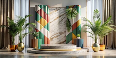 Luxury tropical marble podium with colorful geometric shapes and elegant curtains , Luxury, tropical, marble, podium