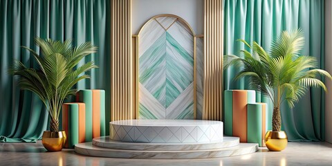 Luxury tropical marble podium with colorful geometric shapes and elegant curtains , luxury, tropical, marble, podium