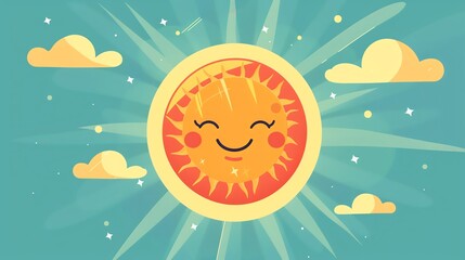 Smiling sun, flat design, top view, bright sky, animation, Triadic Color Scheme