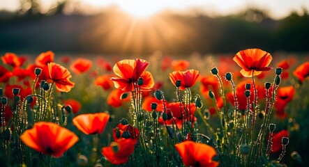 Obraz premium Abstract view of a field full of red poppies basking in the golden sunset light.