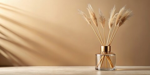 Fototapeta premium Luxurious beige and brown home interior decor featuring a reed diffuser bottle mockup , aroma diffuser, sophisticated