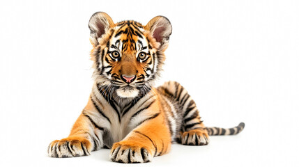 Fototapeta premium Closeup portrait of a beautiful two month old tiger cub sitting calmly and focused against a clean white background The young feline predator has striking orange and black striped fur whiskers