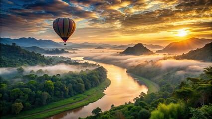 Hot air balloon drifting over a jungle at sunrise with cloudy sky, mountains, and river, hot air balloon, sunrise