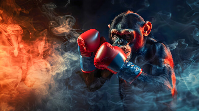 Victorious Primate Boxer Dominates the Ring in Dramatic Smoky Backdrop   A powerful conceptual image depicting a courageous monkey wearing boxing gloves
