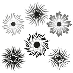 Abstract sunburst designs. Black circular patterns. Vector radial shapes. Dynamic line elements.