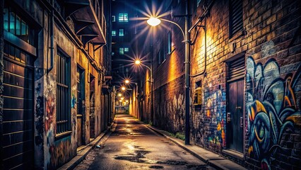 Fototapeta premium Dark alley with graffiti covered walls and a dimly lit street light in the background, alley, graffiti, wall, street light, dark