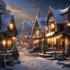 Illustration of christmas village at night with lights and snowflakes