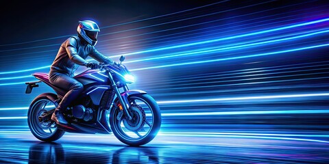 Fototapeta premium Motorcyclist riding futuristic bike with neon blue light trails , high speed, dynamic, sleek