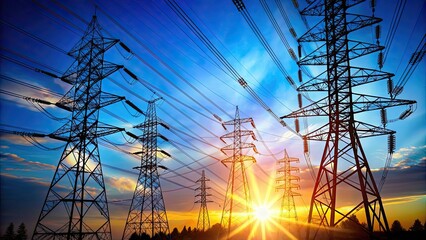 Electricity transmission towers with glowing wires against blue sky Energy concept, electricity, transmission towers