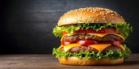 Double hamburger with two beef patties, lettuce, tomato, and cheese on sesame seed bun, burger, double