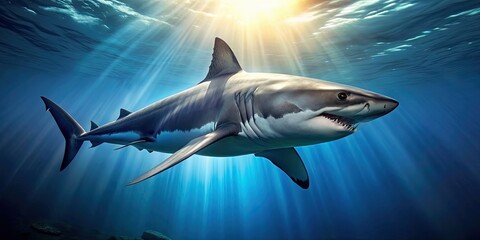 Fototapeta premium Majestic shark swimming gracefully in the deep blue sea, shark, ocean, predator, marine life, underwater, teeth, danger