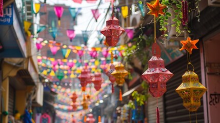 Fototapeta premium Colorful decorations adorn streets and homes during Eid festivities.