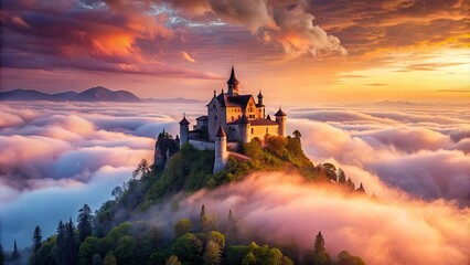 Fototapeta premium Majestic castle on mountain peak surrounded by pink clouds, castle, mountain, peak, fluffy clouds, pink, majestic, royalty