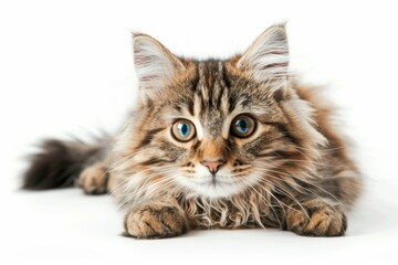 Obraz premium Beautiful blueeyed cat resting on white background, looking at camera animal beauty and nature portrait photography concept