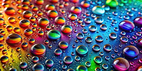 Multicolour water drops on the surface, rainbow, vibrant, colorful, liquid, abstract, splash, reflection,macro, close-up
