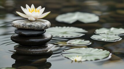 Fototapeta premium Spa Therapy with Massage Stones and Waterlily in Water